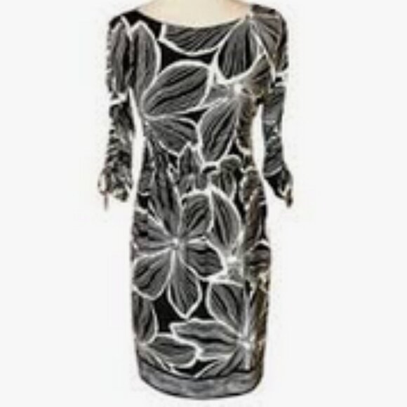 Maggy London black & white 3/4-sleeve floral print jersey knit dress sz 10 - Picture 1 of 9
